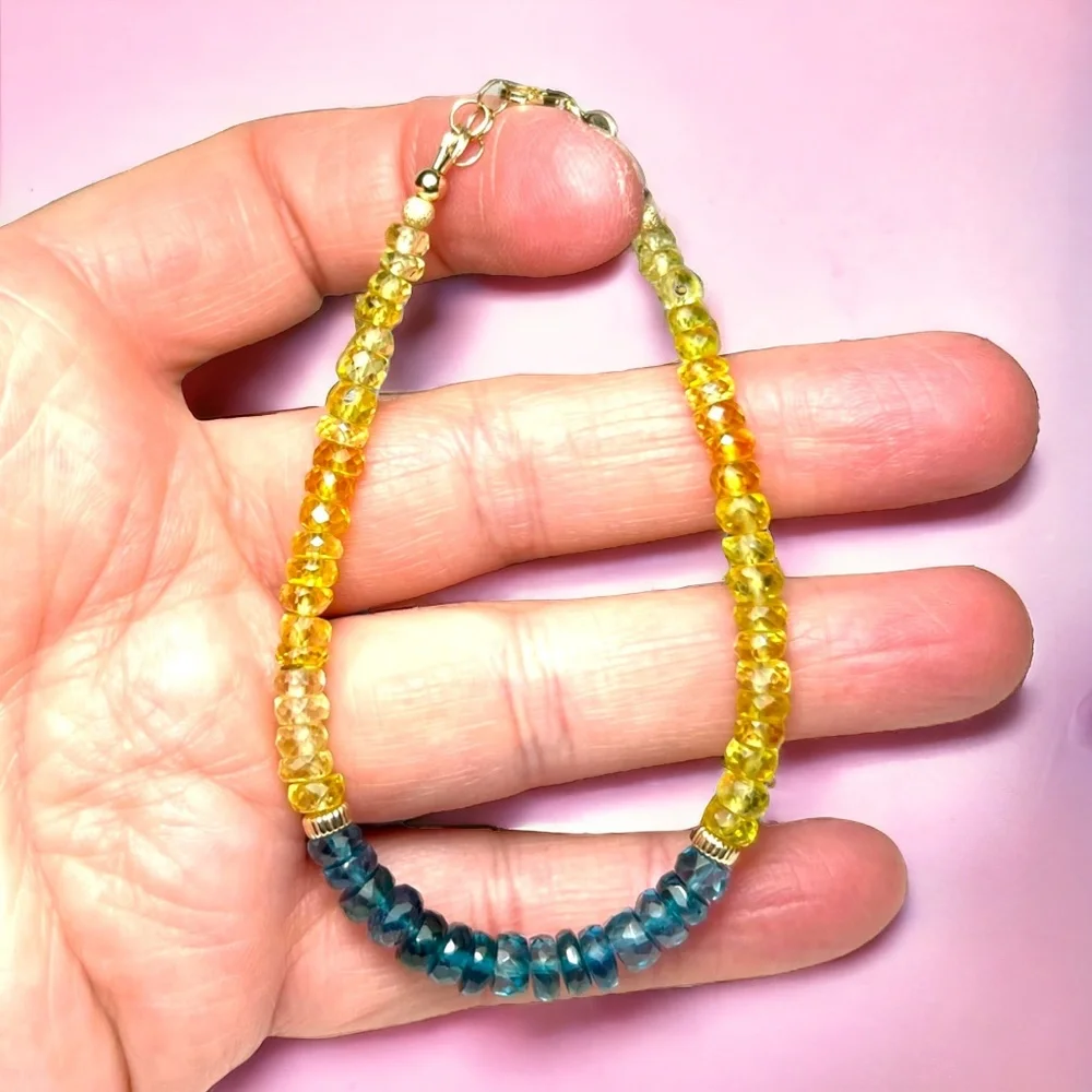 Solid 14K Gold 585 Natural London Blue Topaz and Yellow Sapphire Bracelet - Picture 5 of 9